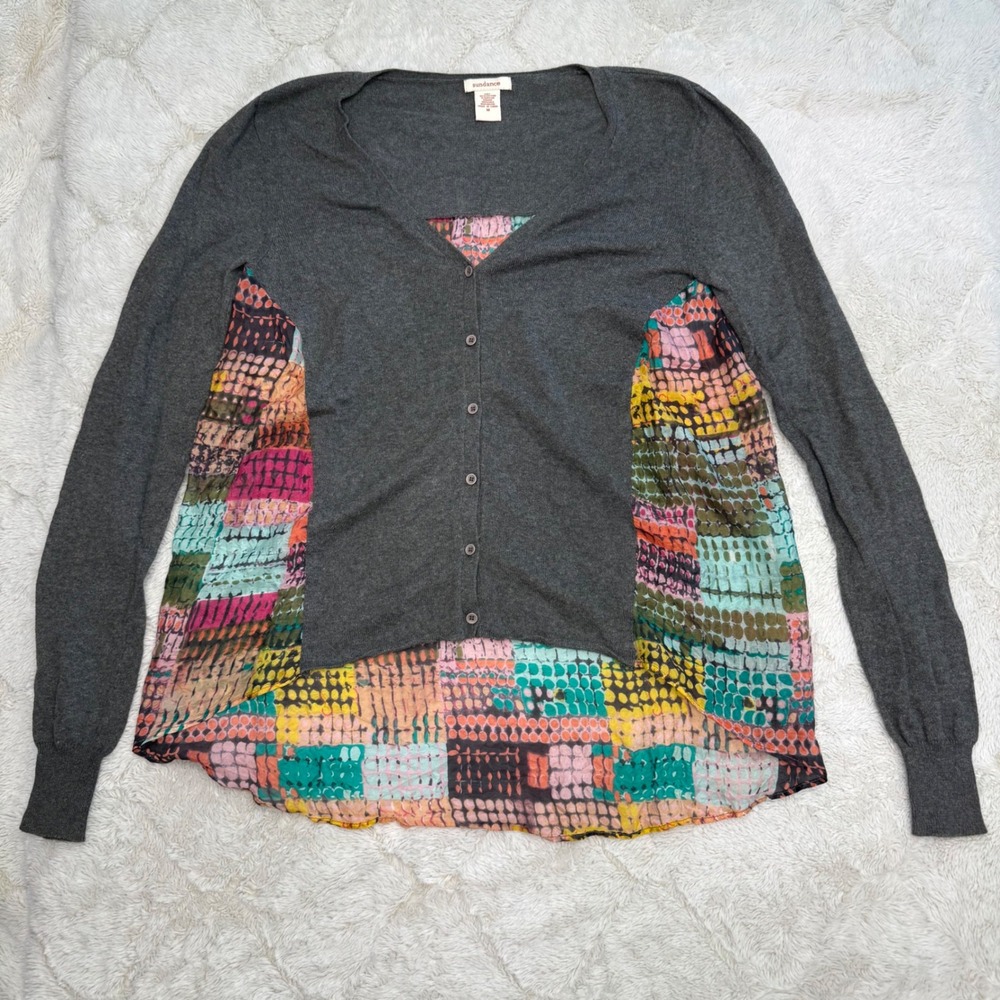 Sundance Silk Mixed Media Cardigan Gray Multi Boho Patchwork Whimsy Dopamine M
